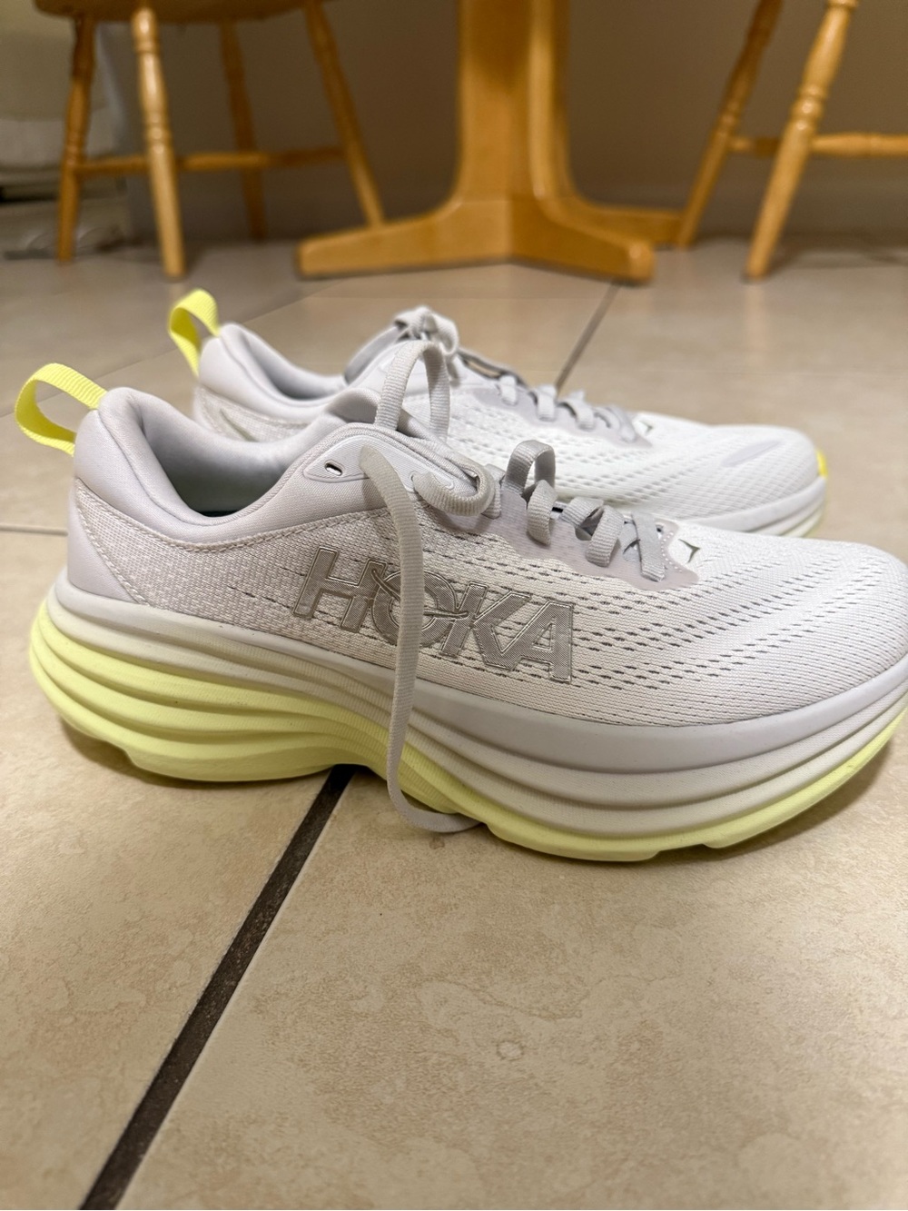 Hoka One One - BONDIE White Athletic Shoe with Neon Yellow Insole